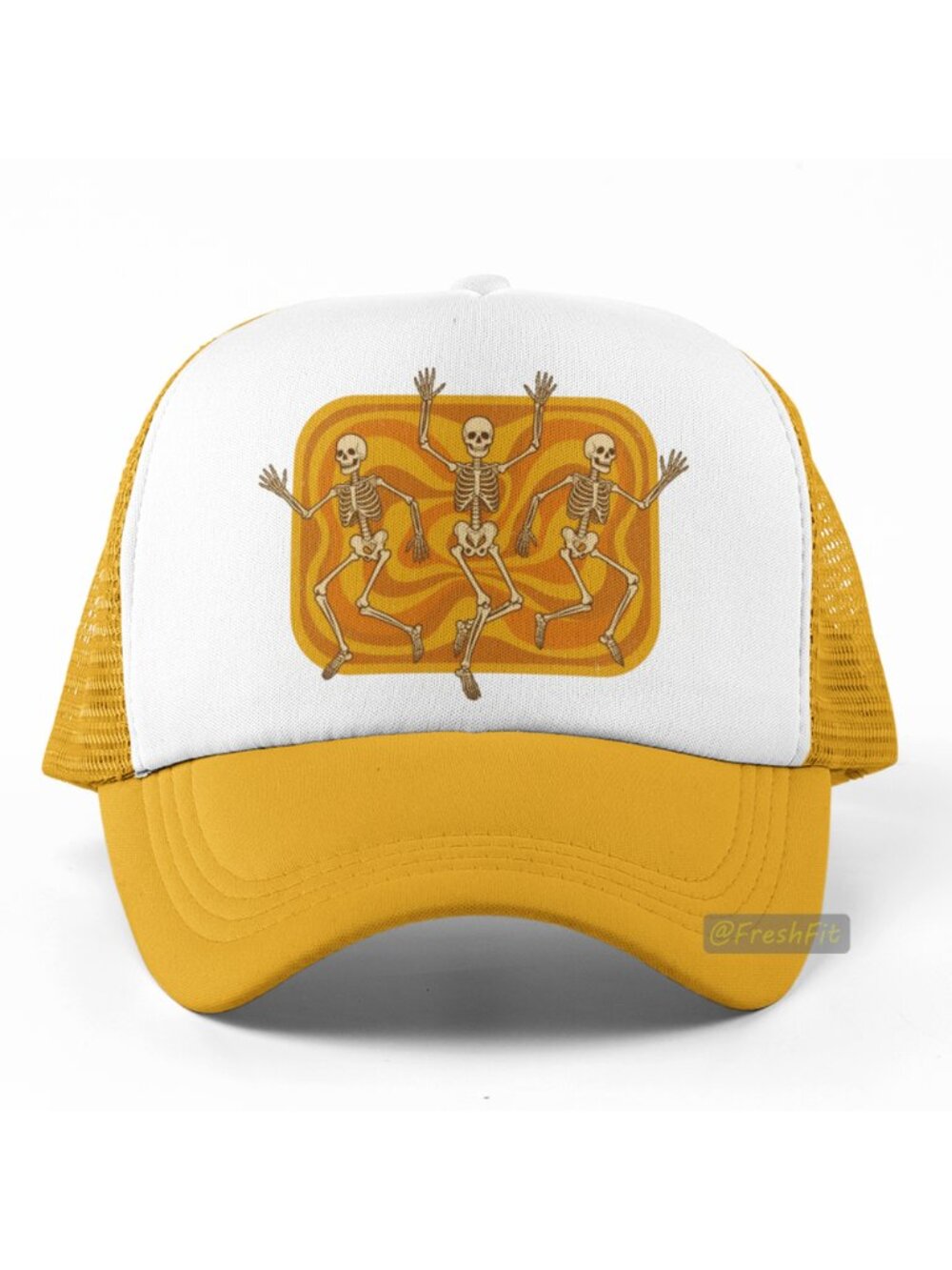🆕Groovy Dancing Skeletons Foam Trucker Hat Mesh Snapback Cap Gold/White